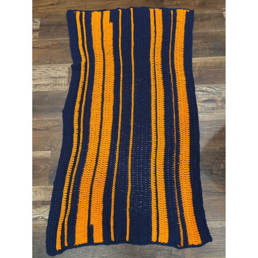 Handmade Crochet Throw Blanket Navy Blue Orange Vertical Stripe Afghan 55x30